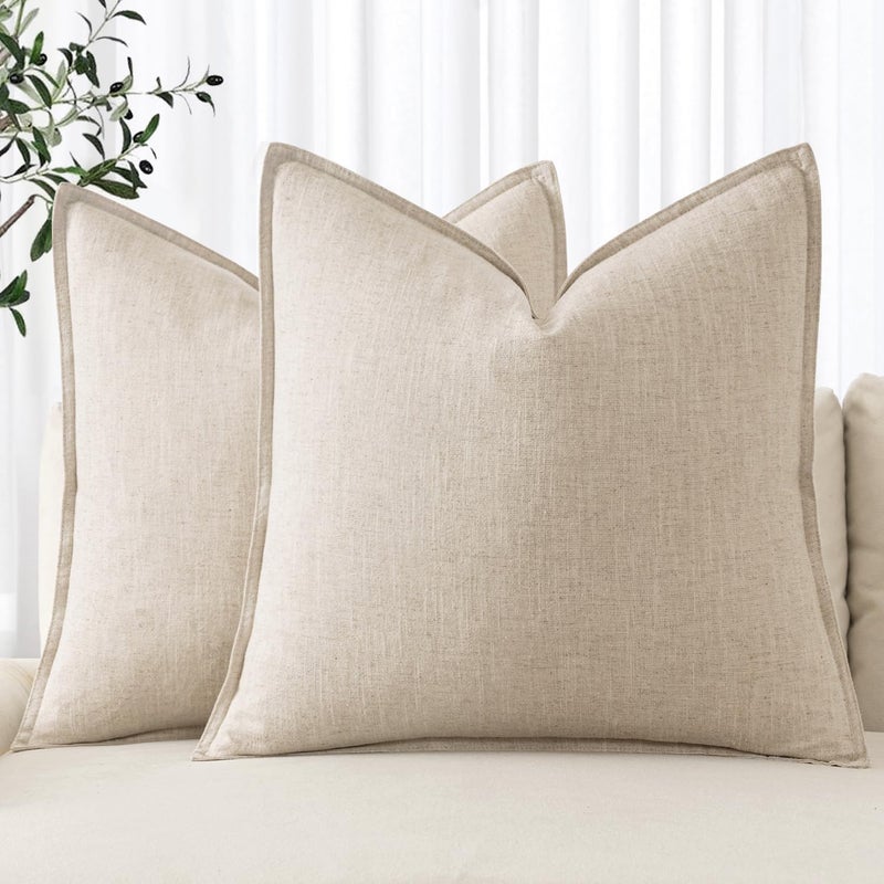 MIULEE Decorative Linen Pillow Covers 16x16 Inch Natural Beige Boho Farmhouse Neutral Christmas Couch Throw Pillows for Bed Pack of 2 Accent Modern Pillowcase Sofa Livingroom Home Decor - Image 1